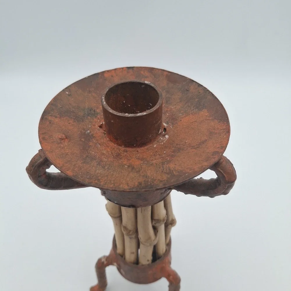 Rustic Metal Candleholder Bamboo Contrast Accent Three Legged Patina Rugged 7 In